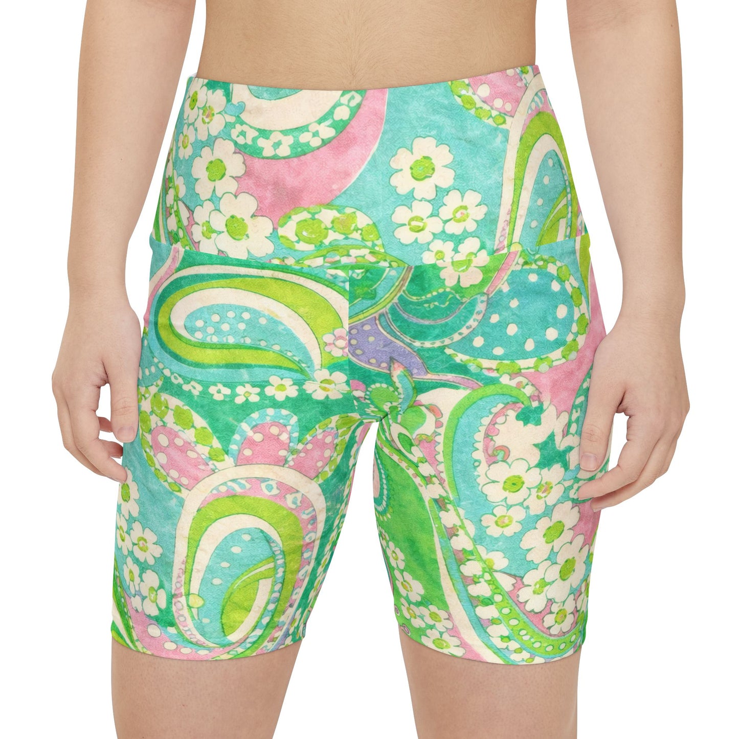 Paisley Green Women's Bike Shorts — Floral All-Over Print Workout Shorts