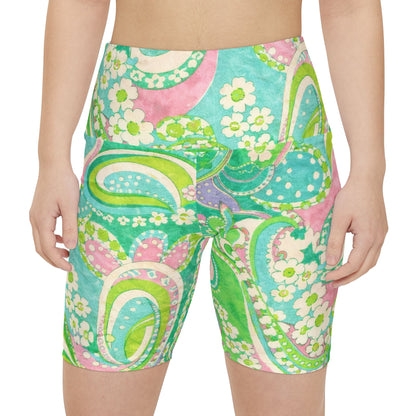Paisley Green Women's Bike Shorts — Floral All-Over Print Workout Shorts
