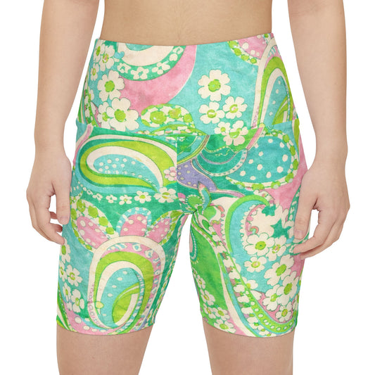 Paisley Green Women's Bike Shorts — Floral All-Over Print Workout Shorts