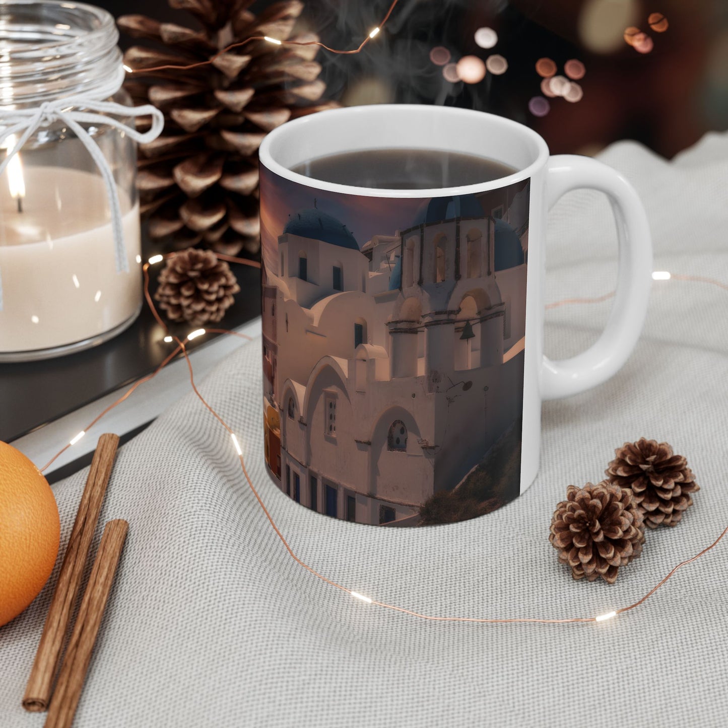 Santorini Sunset Mug, Oia Greece Blue Dome Coffee Cup, Dreamy Mediterranean Sky Decor, Greek Island Travel Gift