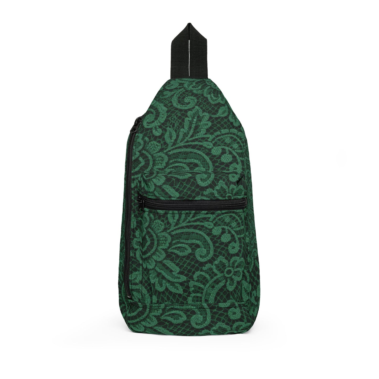 Emerald Damask Sling Bag — Compact Crossbody Backpack with Vintage Floral Pattern