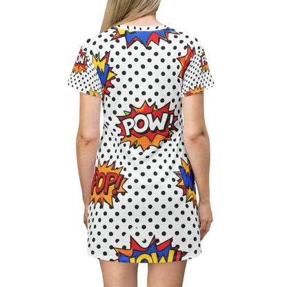 Comic Pop Art T-Shirt Dress — POW! WOW! Retro Polka Dot Graphic Dress