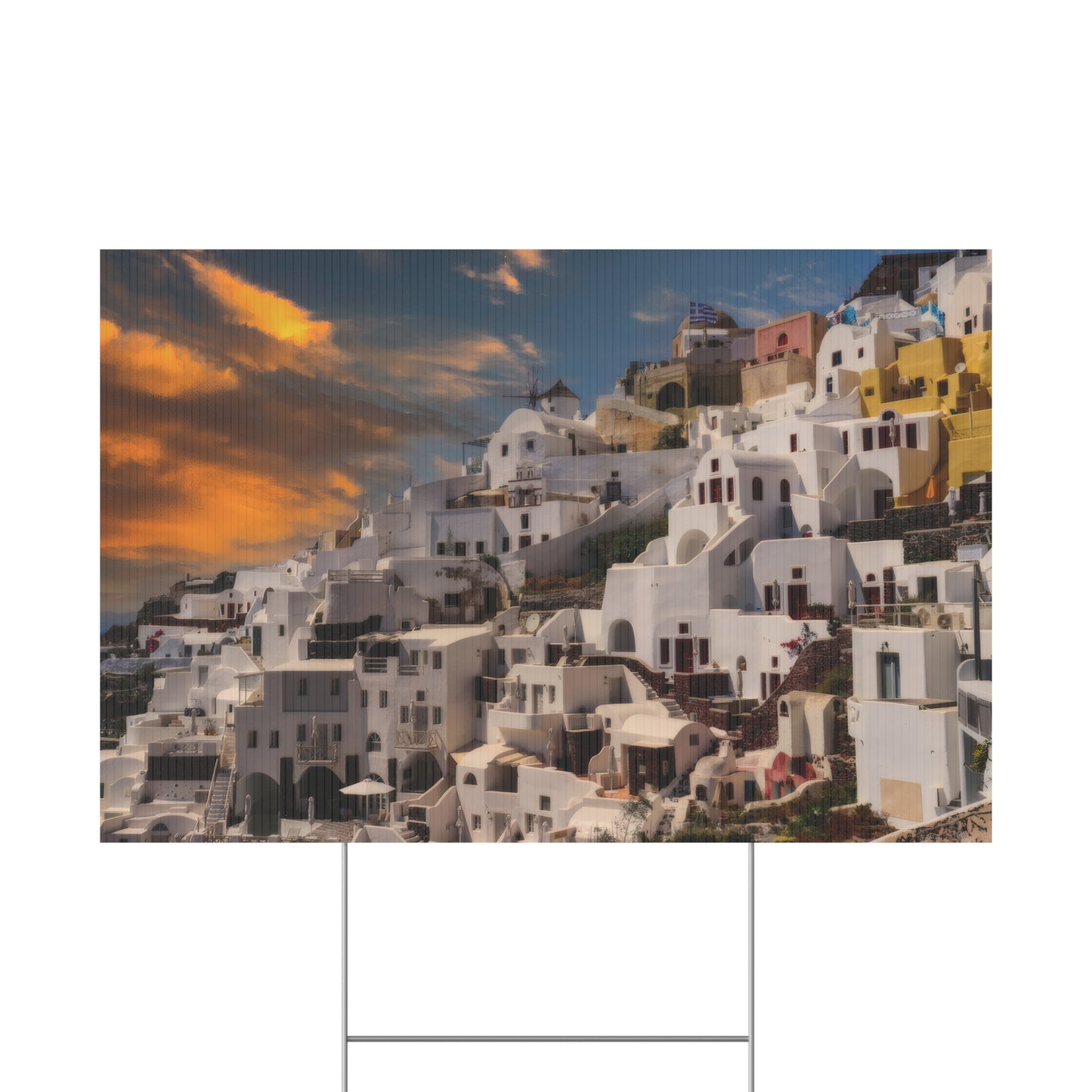 Santorini Sunset Yard Sign, Oia Greece Garden Decor, Mediterranean Outdoor Welcome Sign,