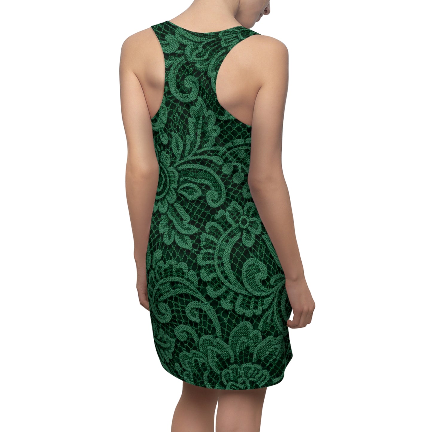 Green Lace Pattern Racerback Dress — Floral All-Over Print