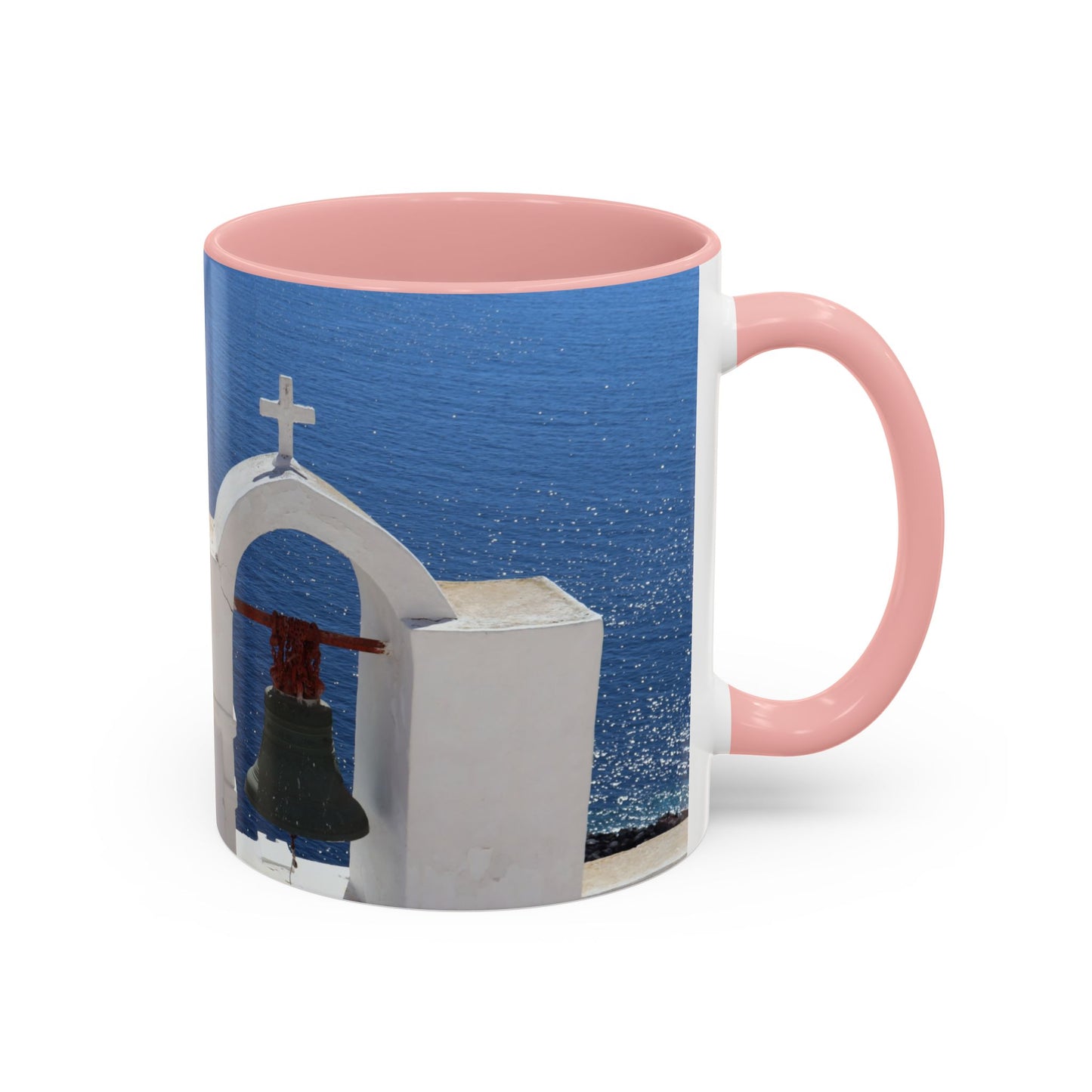Santorini Bell Towers coffee mug | Greek island scene, blue sea accent mug