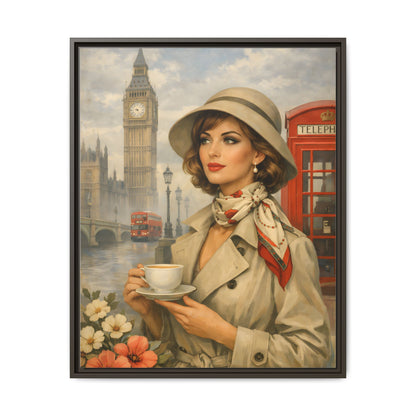 Elegant vintage woman drinking tea in front of Big Ben in London, retro British travel fashion illustration Matte Canvas