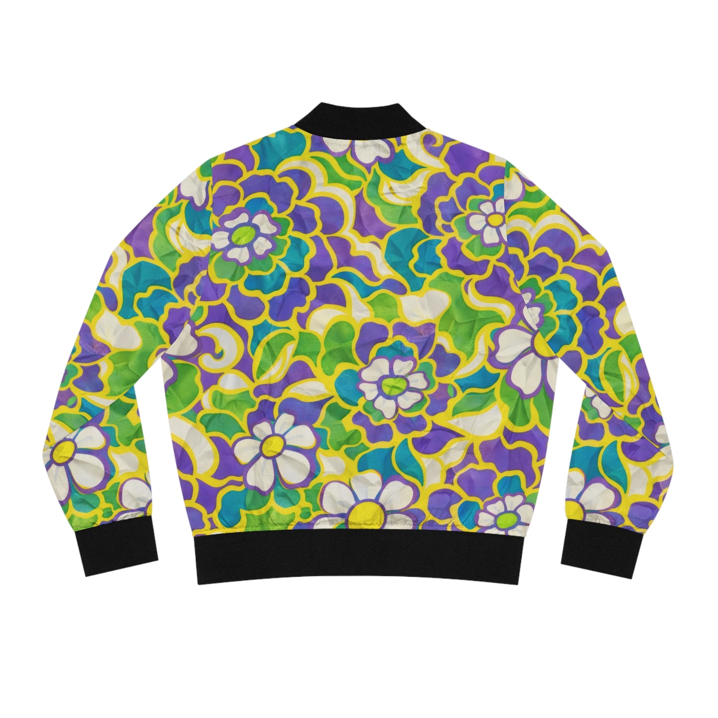 Floral Retro Bomber Jacket — Vibrant Green & Purple All-Over Print