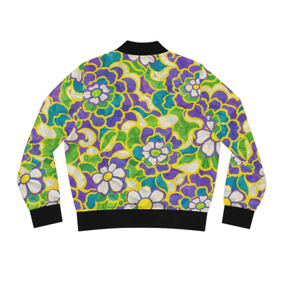 Floral Retro Bomber Jacket — Vibrant Green & Purple All-Over Print