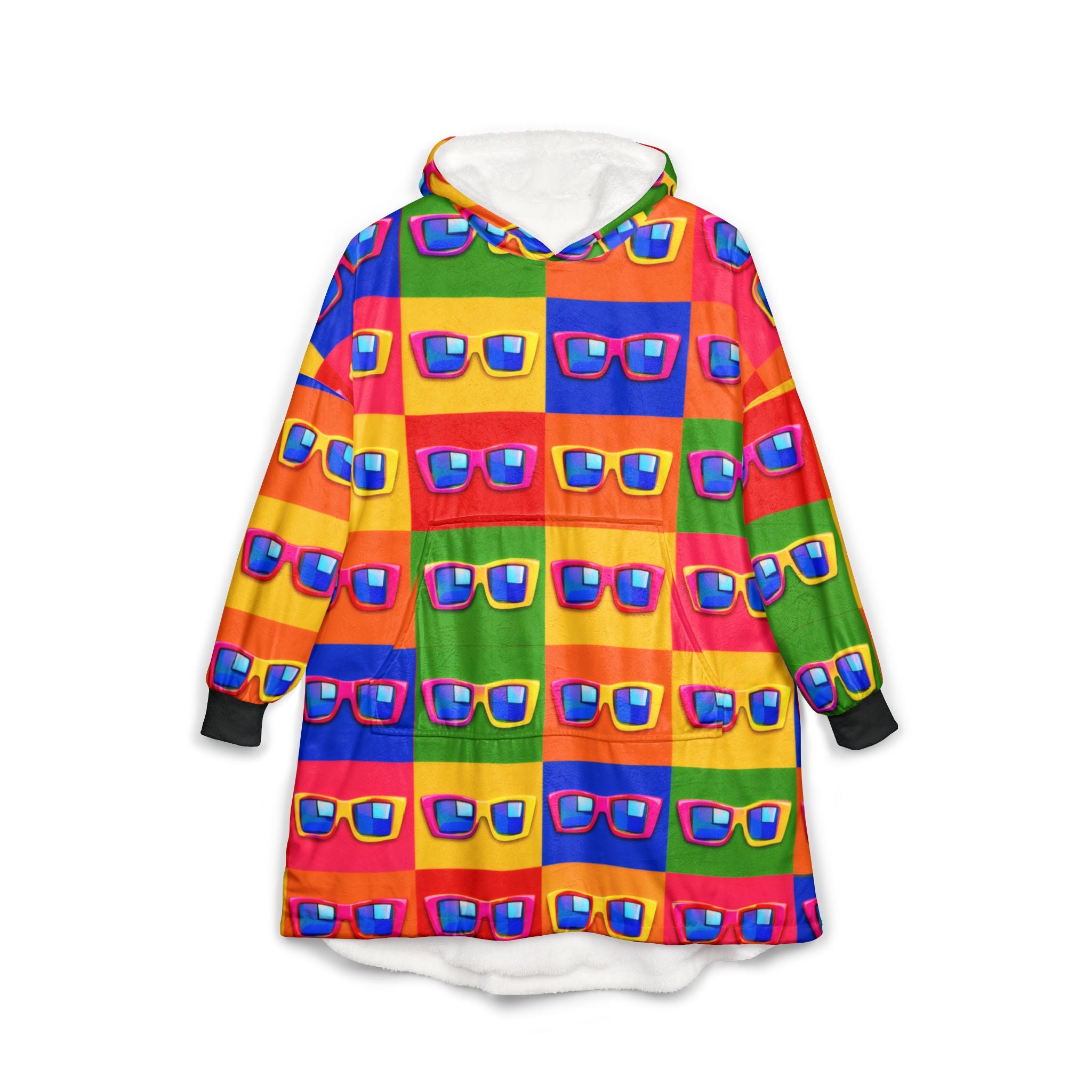 Colorful Pop Sunglasses Hooded Blanket — Retro Neon Pattern Cozy Throw