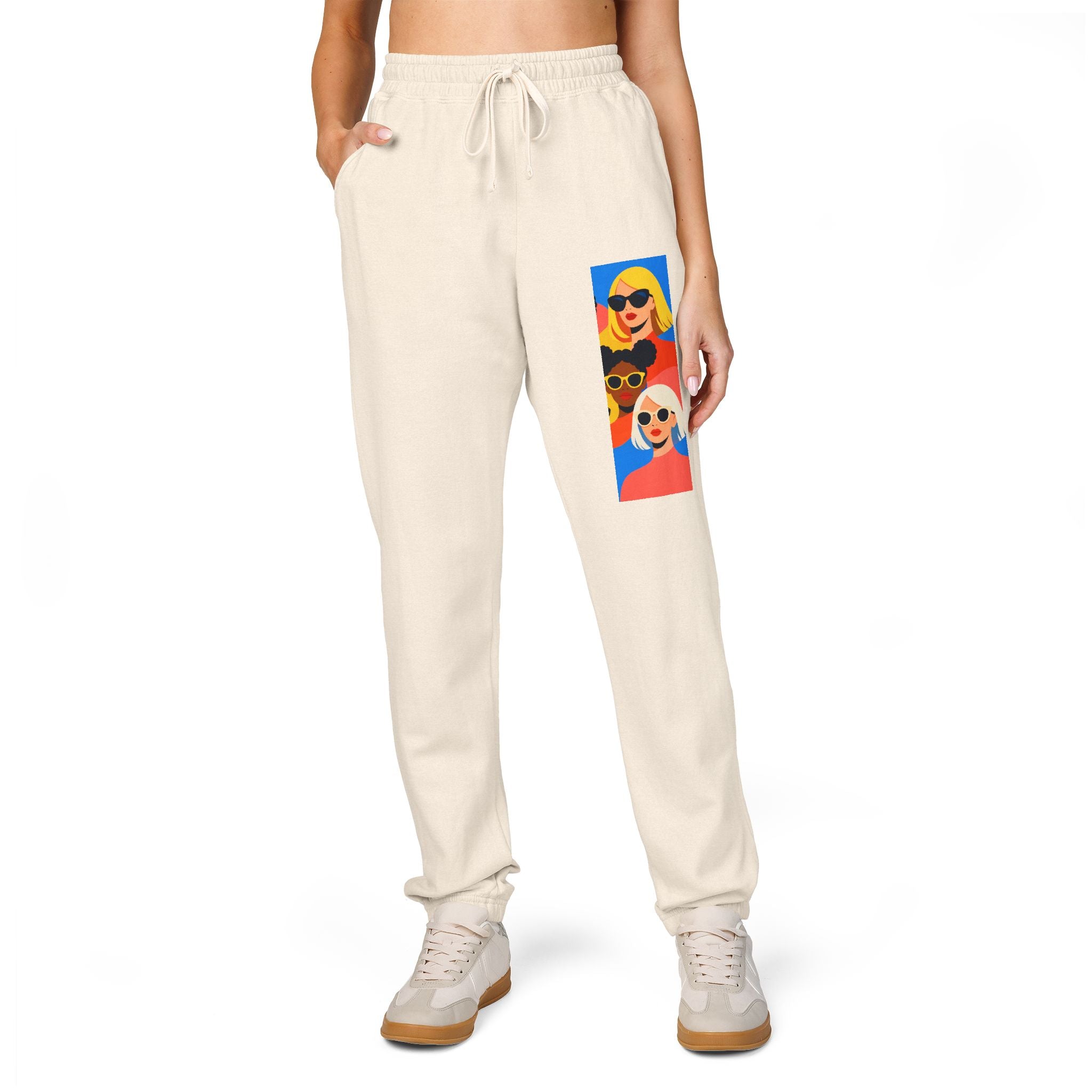 Colorful Retro Portrait Sweatpants — Vibrant Pop Art Side Print