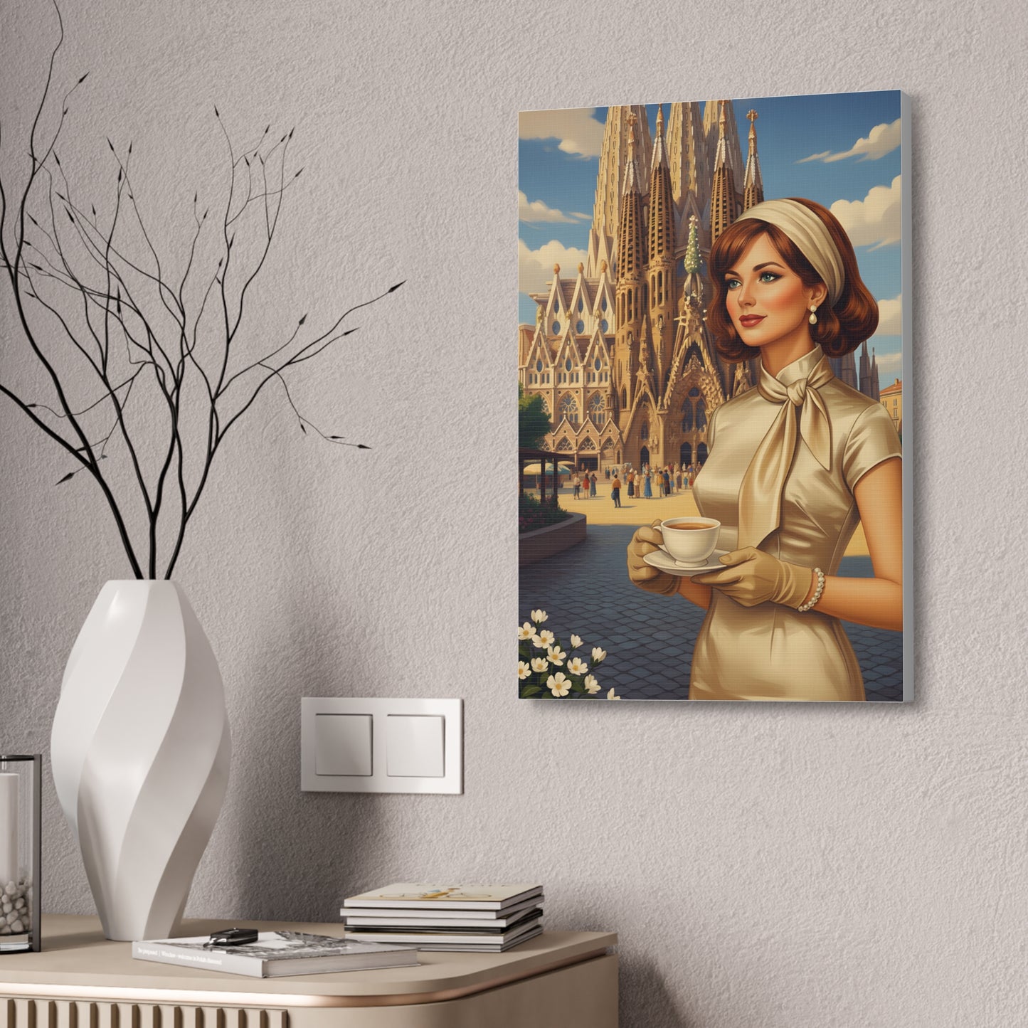 Elegant vintage woman drinking coffee in front of Sagrada Familia in Barcelona, retro fashion illustration Canvas Print - Stretched 1.5"
