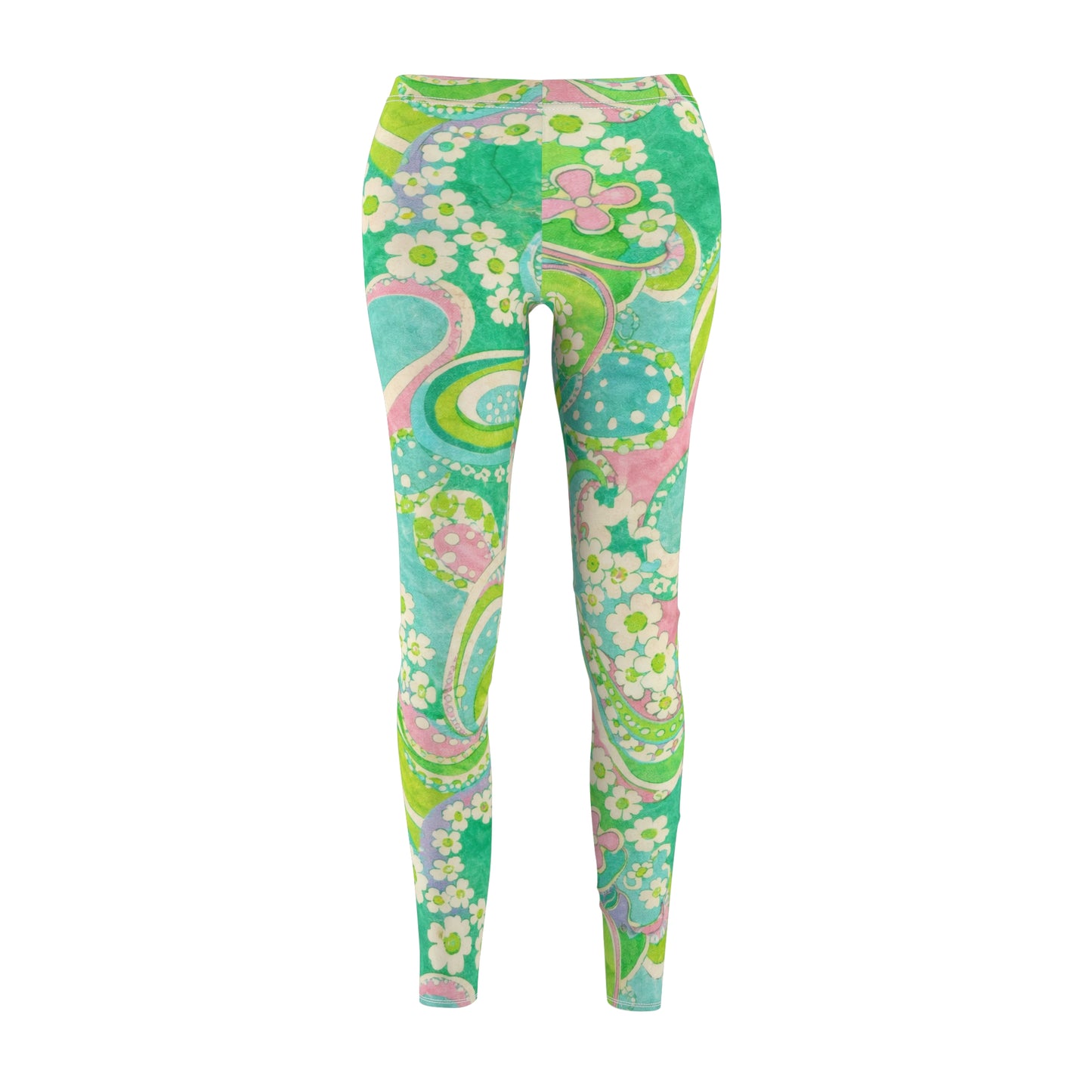 Floral Paisley Leggings — Retro Green & Pink All-Over Print