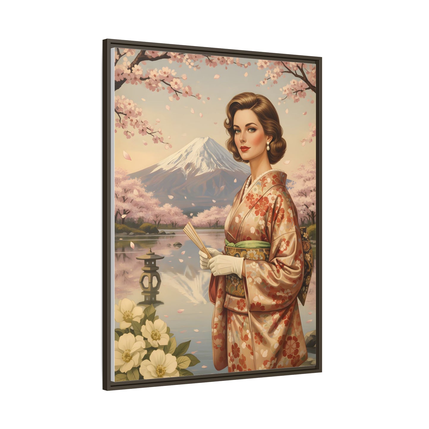 Framed Matte Canvas Art — Vintage Geisha in Kimono with Mount Fuji