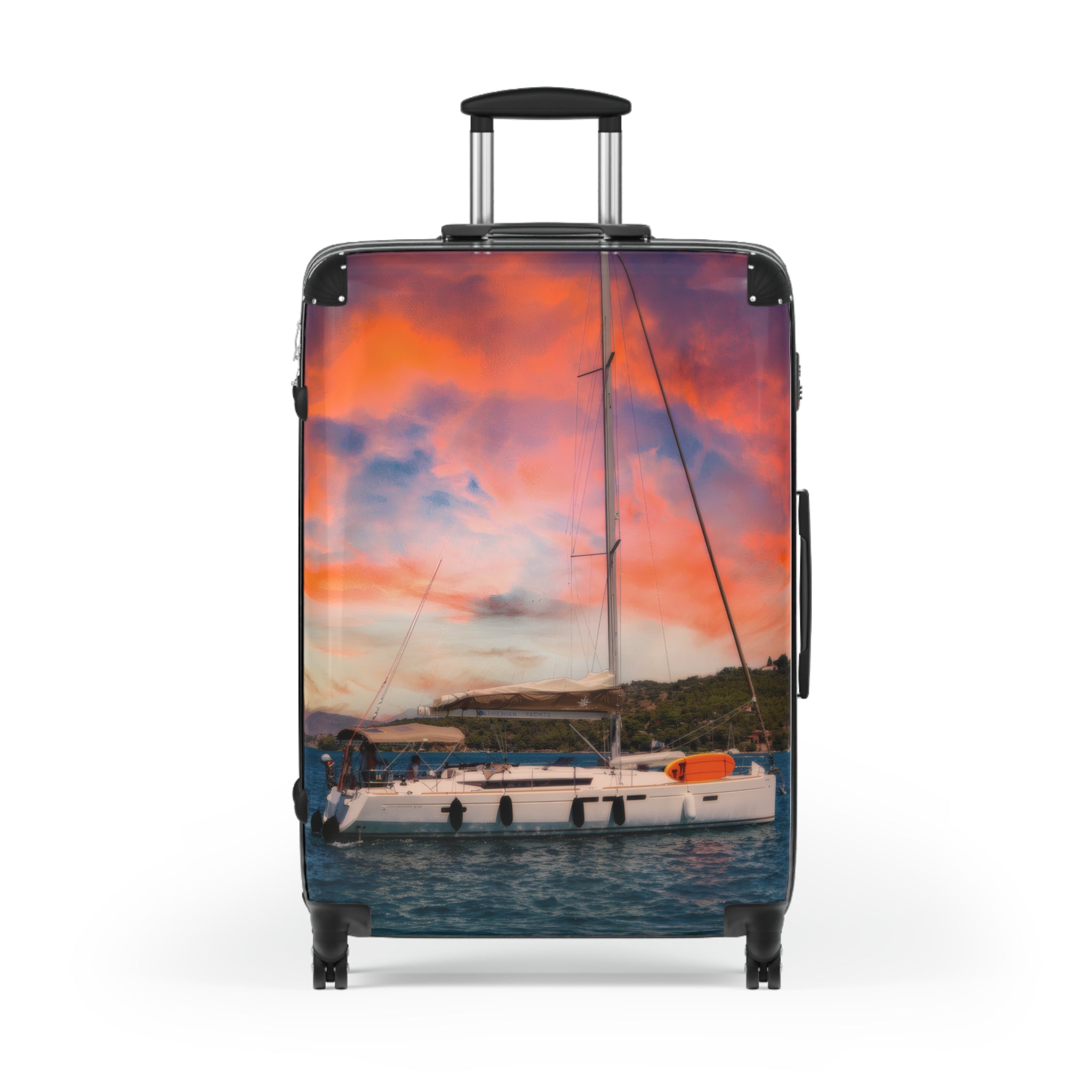 Luxury Yacht Sunset Suitcase, Mediterranean Sailing Travel Luggage, Vibrant Orange Sky Vacation Bag, Nautical Artist Design Cabin Suitcase
