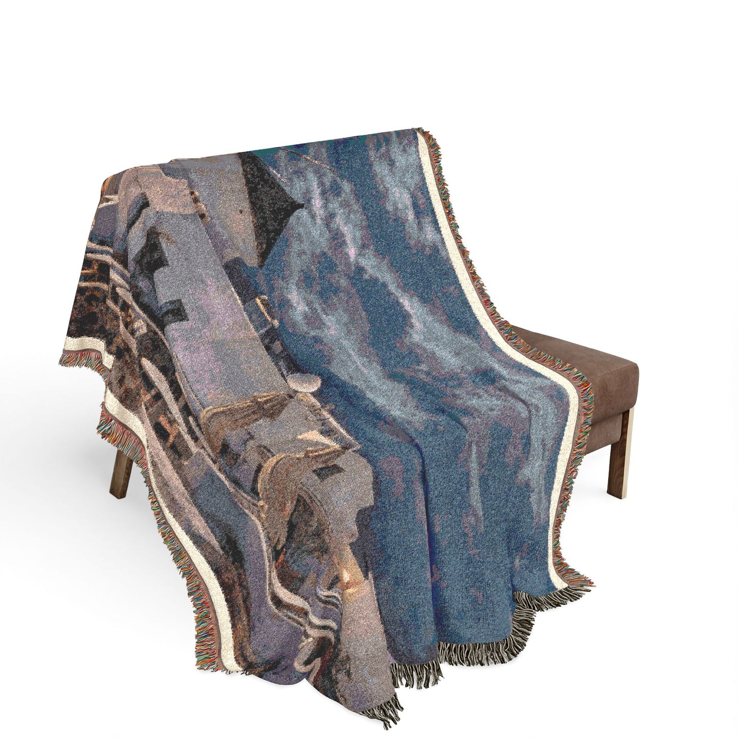 Oia Santorini Windmill Woven Blanket — Coastal Nightscape Cotton Throw