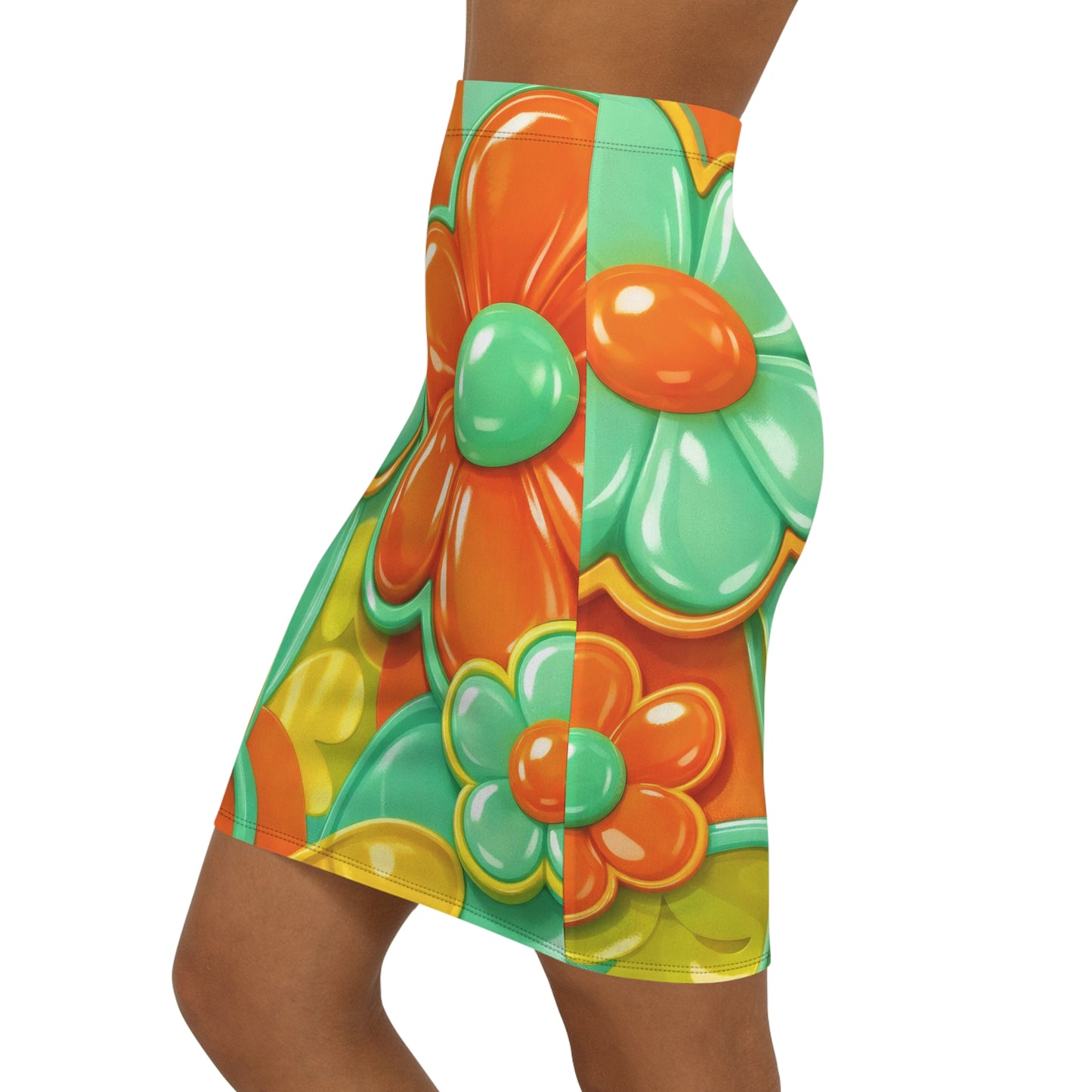 Retro Floral Pencil Skirt — Bright 60s Daisy Print Mid-Waist Skirt