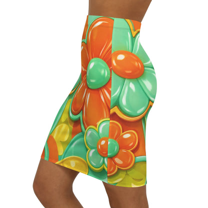 Retro Floral Pencil Skirt — Bright 60s Daisy Print Mid-Waist Skirt