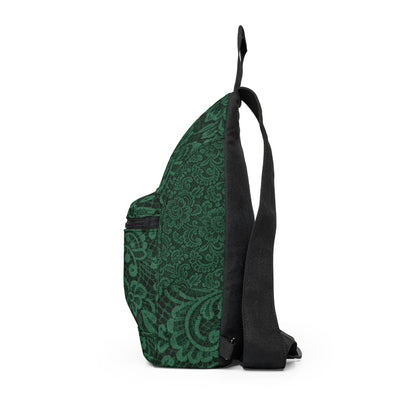 Emerald Damask Sling Bag — Compact Crossbody Backpack with Vintage Floral Pattern