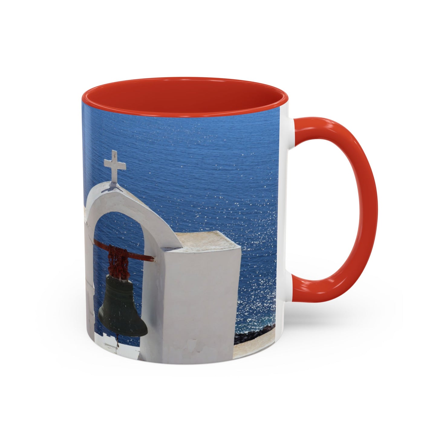 Santorini Bell Towers coffee mug | Greek island scene, blue sea accent mug