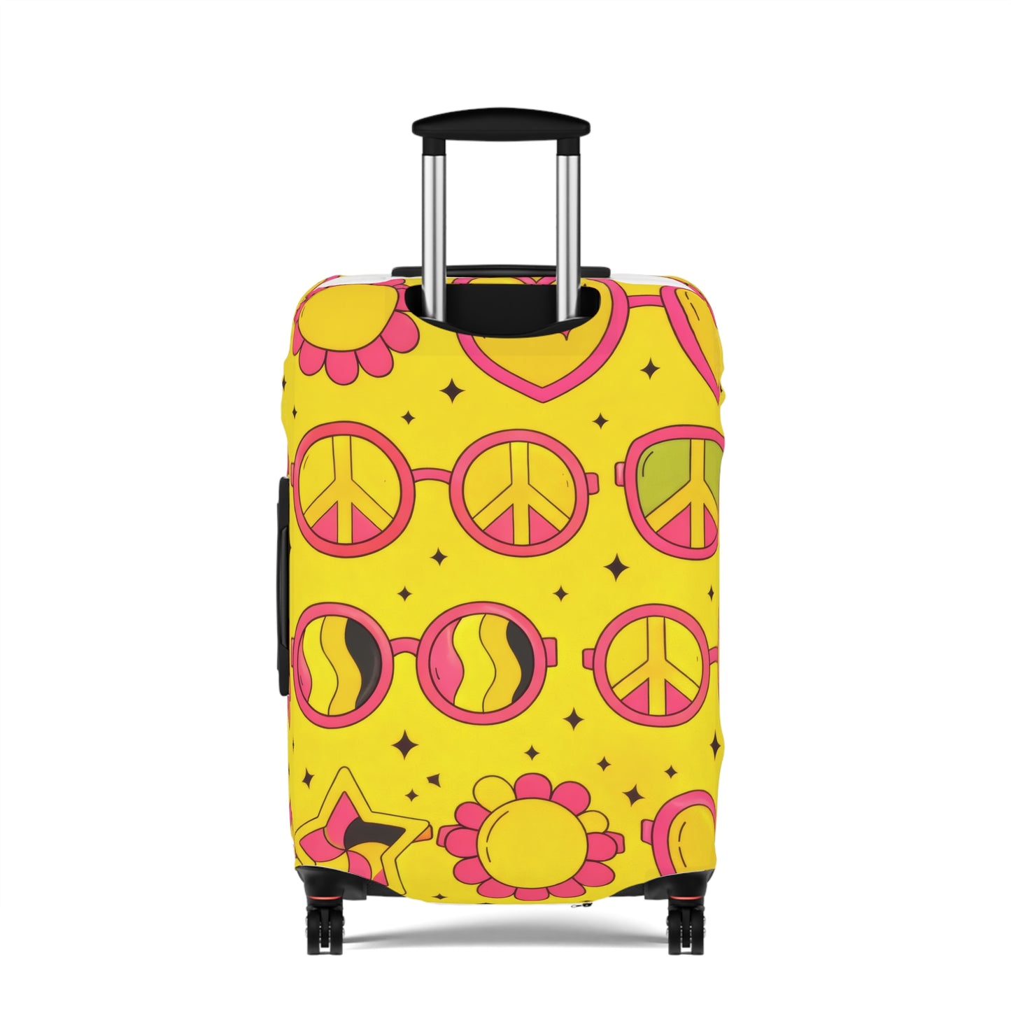 Retro Sunshine Luggage Cover – Yellow Peace Sign, Hearts & Flowers Travel Protector