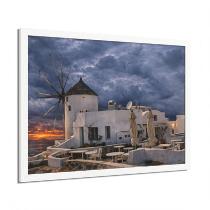 Santorini Windmill Sunset Poster  Framed Wall Art  Greece Coastal Landscape Print  Mediterranean Home Decor  Travel Photography Gift