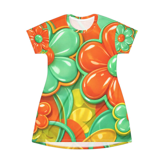 Retro Orange & Teal Floral T‑Shirt Dress — Bright 60s-Inspired All-Over Print