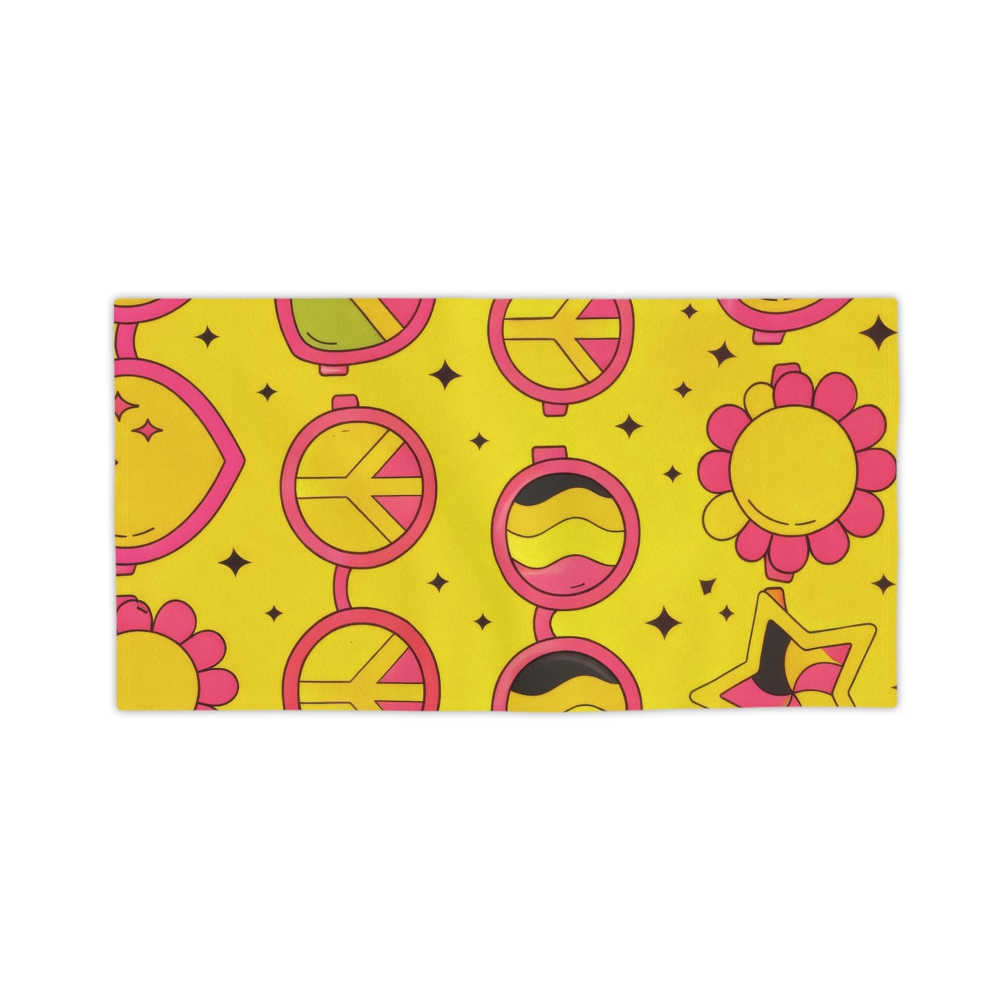 Retro Peace & Love Beach Towel — Yellow Floral Heart Paisley Pattern