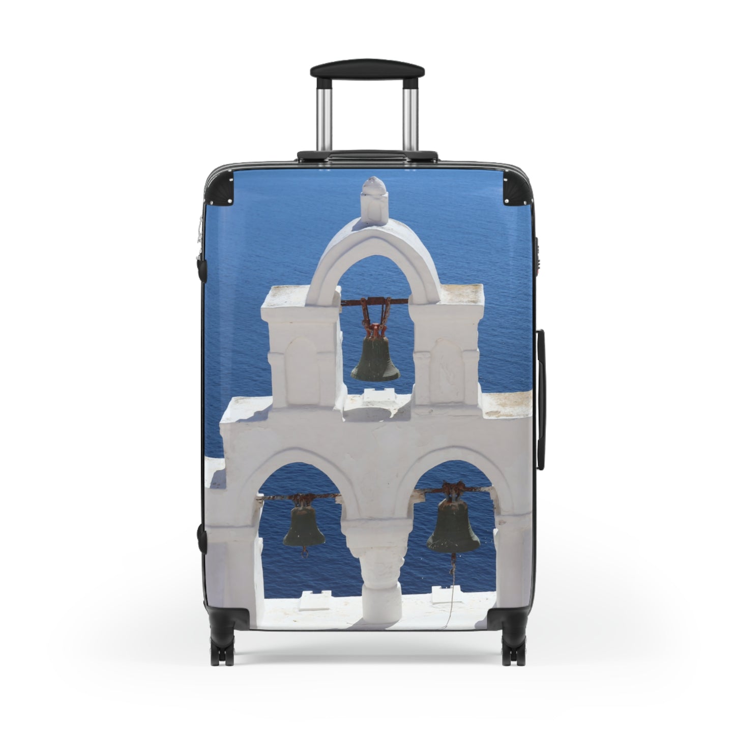 Luxury Santorini Oia Suitcase - Ghost City Edition - Triple Bell Tower Photography - Exclusive Greek Island Travel Bag