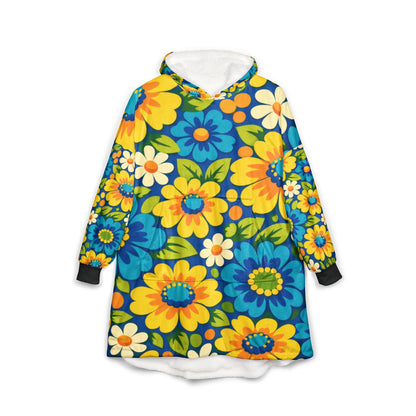 Floral Hoodie — Retro Blue & Yellow Flower Sherpa