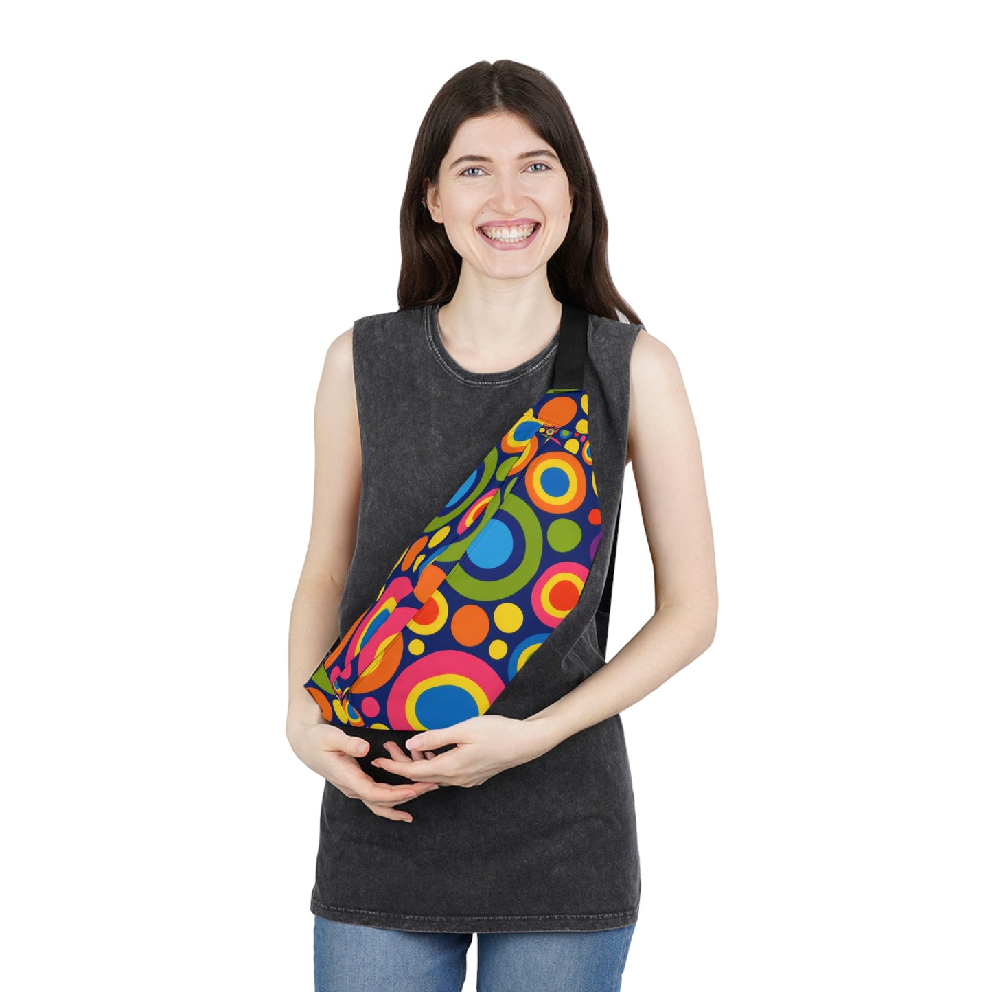 Retro Rainbow Circle Fanny Pack — Colorful 70s-Inspired Hip Bag for Festivals & Travel