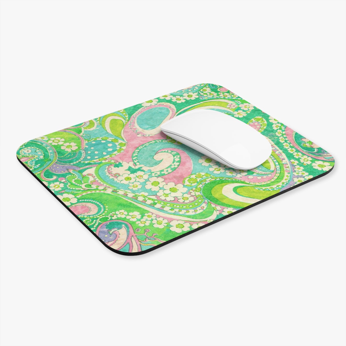 Green Paisley Floral Mouse Pad — Retro Boho Desk Mat