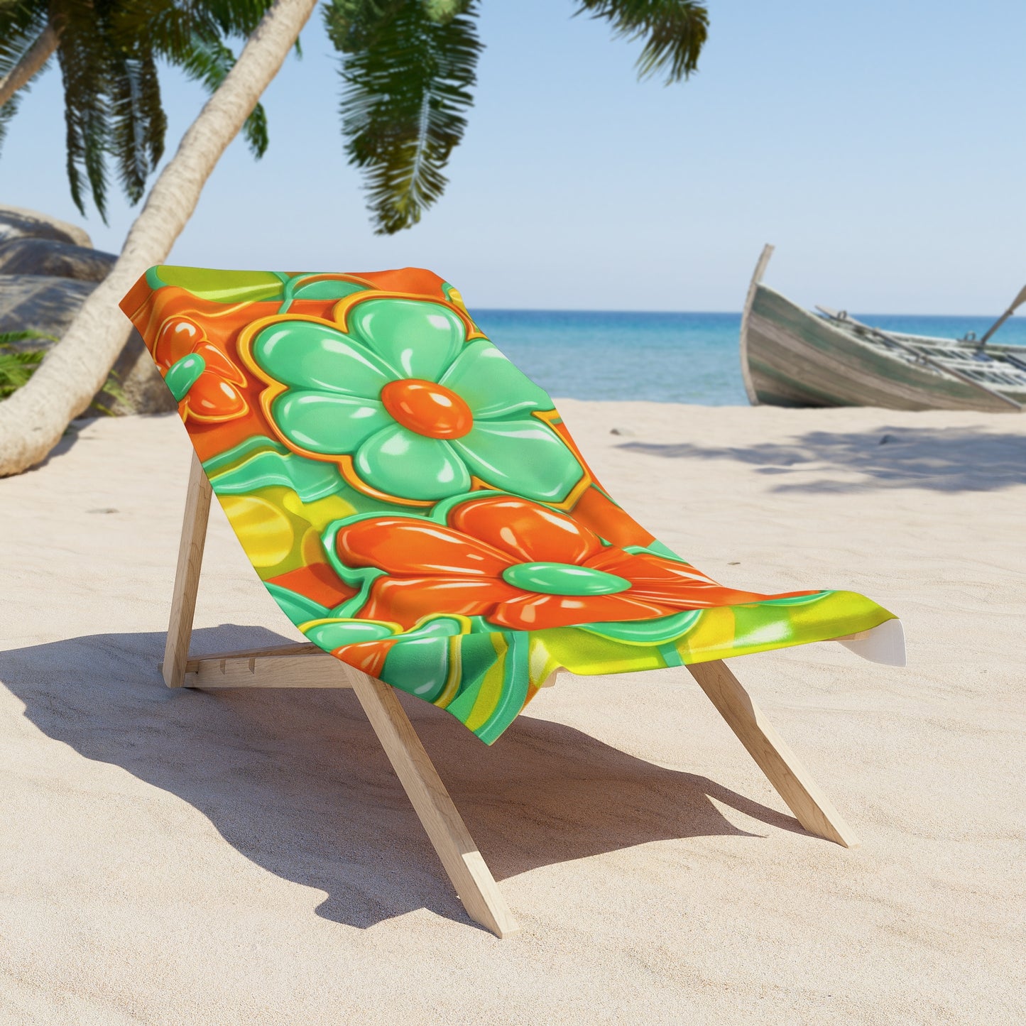 Retro Floral Pattern Beach Towel | Orange Teal Flower Design