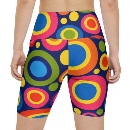 Retro Neon Circle Workout Shorts — Women's High-Waist Activewear
