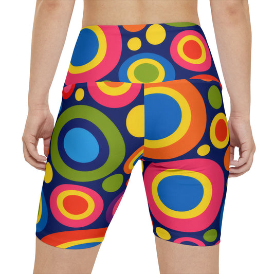 Retro Neon Circle Workout Shorts — Women's High-Waist Activewear