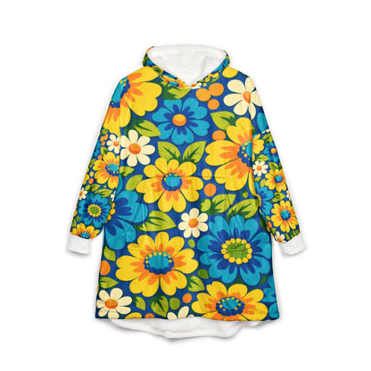 Floral Hoodie — Retro Blue & Yellow Flower Sherpa