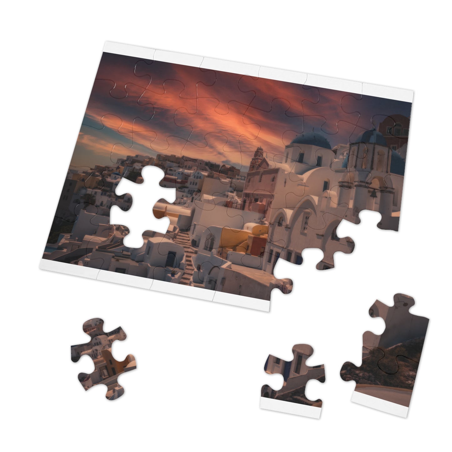 Santorini Sunset Jigsaw Puzzle, Oia Greece Blue Dome Game, Dreamy Mediterranean Sky Art, Greek Island Travel Gift, Aesthetic Scenic Puzzle