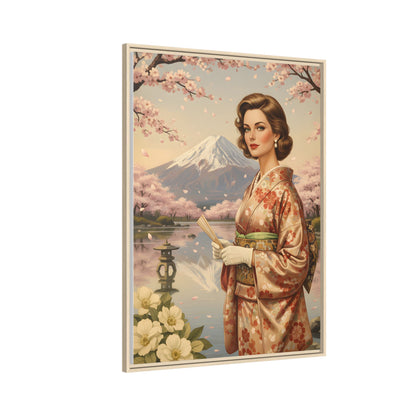 Framed Matte Canvas Art — Vintage Geisha in Kimono with Mount Fuji