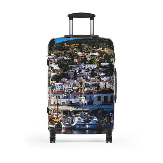 Hydra Island Greece Suitcase, Mediterranean Harbor Travel Luggage, Greek Island Vacation Bag, Unique Artist Luggage, Travel Gift