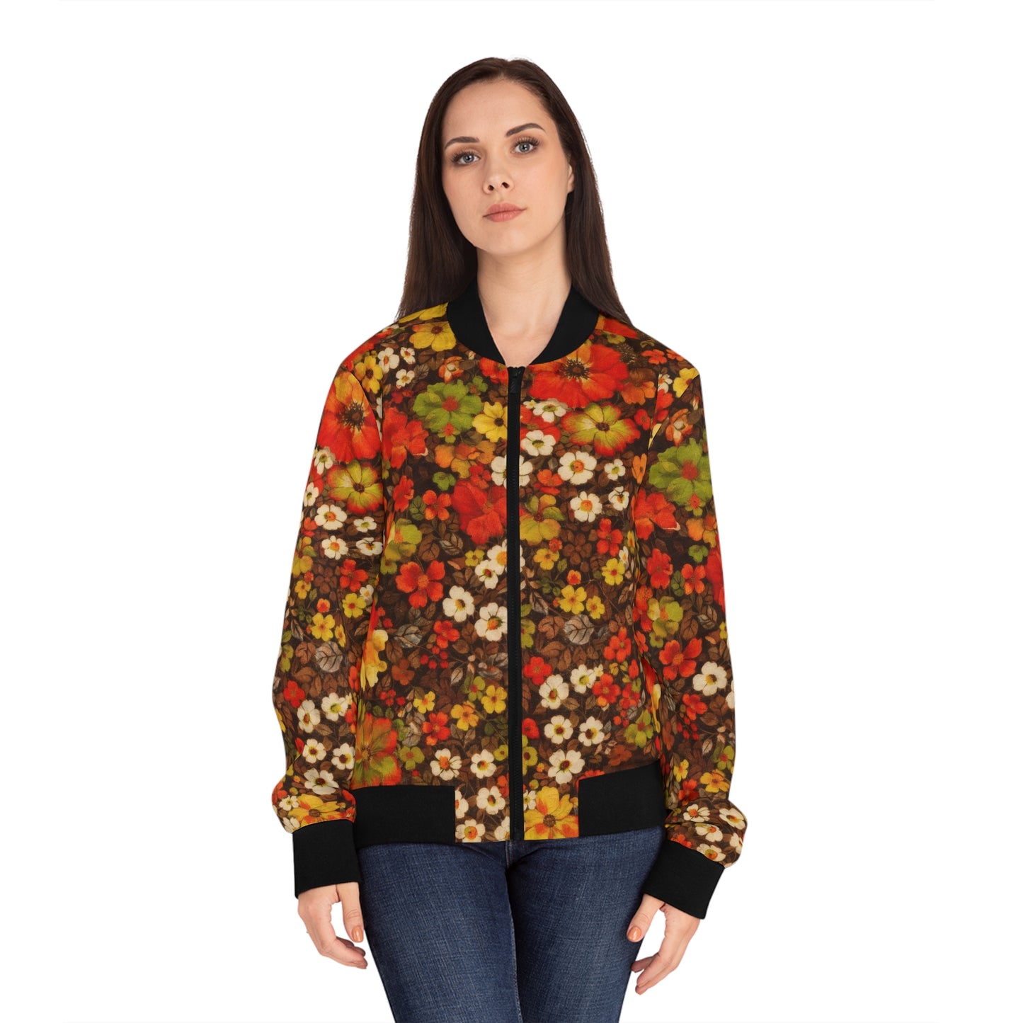 Floral Fall Bomber Jacket — Vintage Orange & Brown All-Over Print