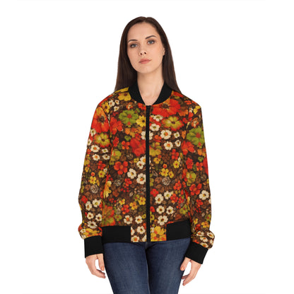 Floral Fall Bomber Jacket — Vintage Orange & Brown All-Over Print
