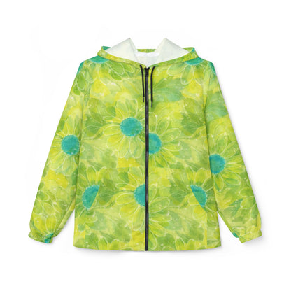 Floral Tie-Dye Windbreaker Jacket — Bright Lime Green Daisy All-Over Print