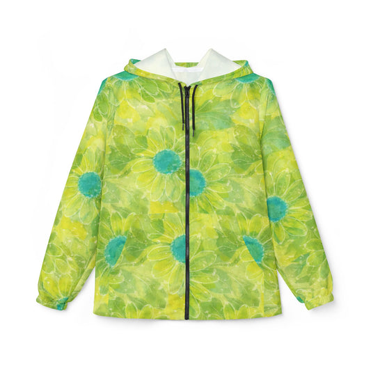 Floral Tie-Dye Windbreaker Jacket — Bright Lime Green Daisy All-Over Print