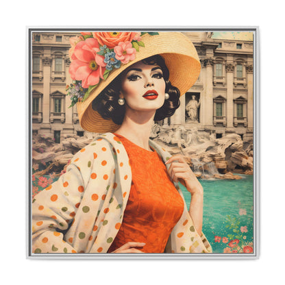 Elegant glamorous vintage woman in Rome front of Trevi Fountain, retro Italian travel fashion illustration,Framed Matte Canvas Art