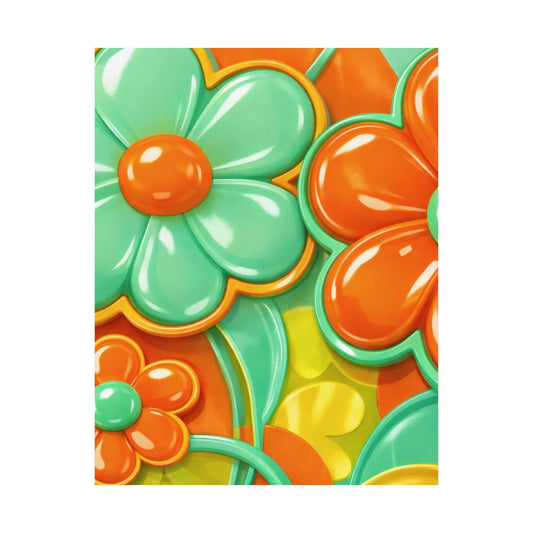 Retro Orange Teal Flower Pattern Poster | Satin Poster