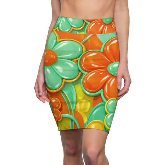 Retro Floral Pencil Skirt — 60s Orange & Teal All-Over Print