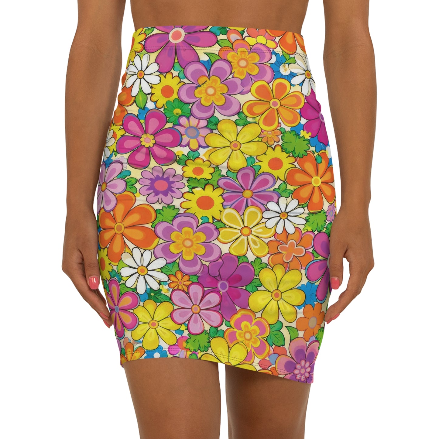 Retro Floral Pencil Skirt — Bright 60s Flower Power Print