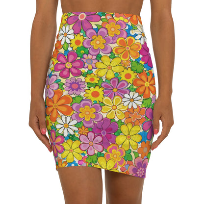 Retro Floral Pencil Skirt — Bright 60s Flower Power Print