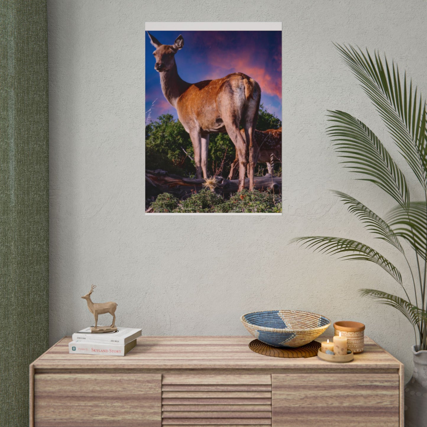 Majestic Deer Sunset Poster, Wild Doe and Fawn Nature Art, Purple Sky Wildlife Photography, Aesthetic Forest Wall Decor