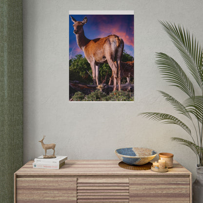 Majestic Deer Sunset Poster, Wild Doe and Fawn Nature Art, Purple Sky Wildlife Photography, Aesthetic Forest Wall Decor
