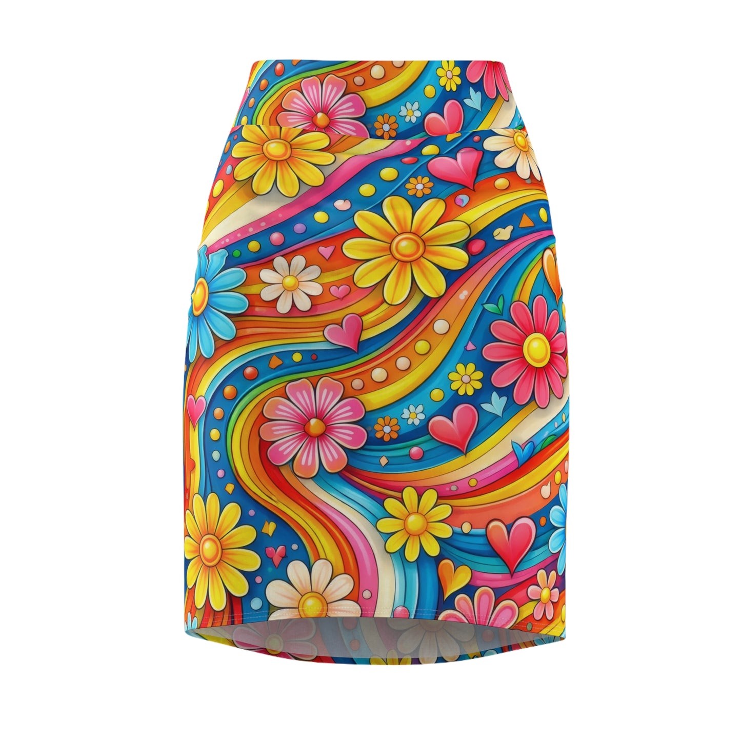 Retro Floral Psychedelic Pencil Skirt — Colorful 70s Daisy Heart Print